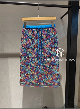 【韩钰DESIGN】26夏季新款 蓝色法式复古花朵刺绣半身裙女