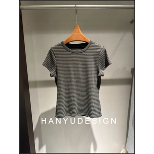 绵羊毛灰色条纹百搭短袖 26早春新款 T恤女 韩钰DESIGN