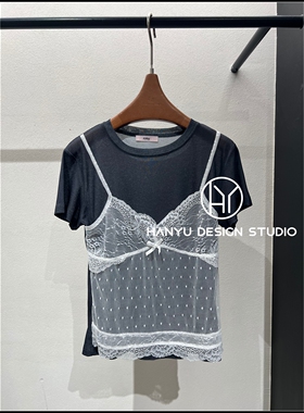 【韩钰DESIGN】26夏季新款 灰色蕾丝拼接假两件短袖T恤女