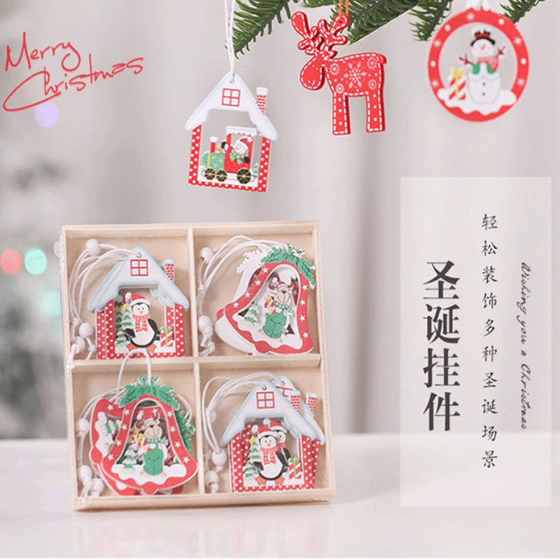 北欧木质挂饰吊饰雪花迷你圣诞树挂件配饰星星木片圣诞装饰品盒装