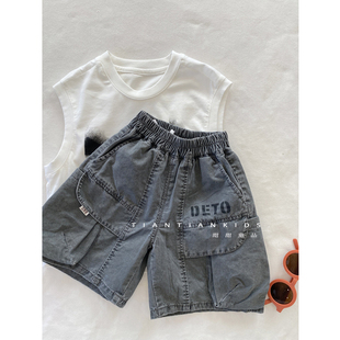 我是小童 裤 纯棉字母印花工装 透气五分布裤 男童中裤 夏女宝韩版