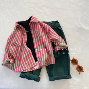 男童韩版玫瑰粉彩色条纹衬衫长袖小中童秋款女宝纯棉翻领条绒衬衣