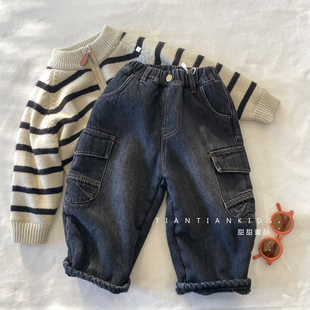 小童90 牛仔裤 130 裤 加绒加厚冬女宝保暖羊驼绒长裤 男童工装