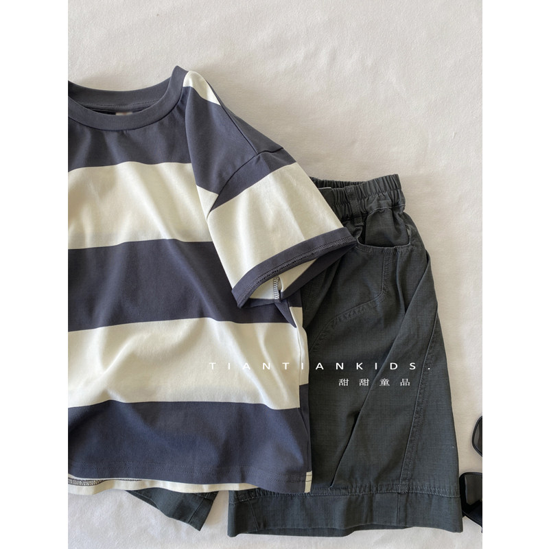【我是中童】韩版圆领拼色宽条纹短袖T恤男童透气夏女宝百搭上衣