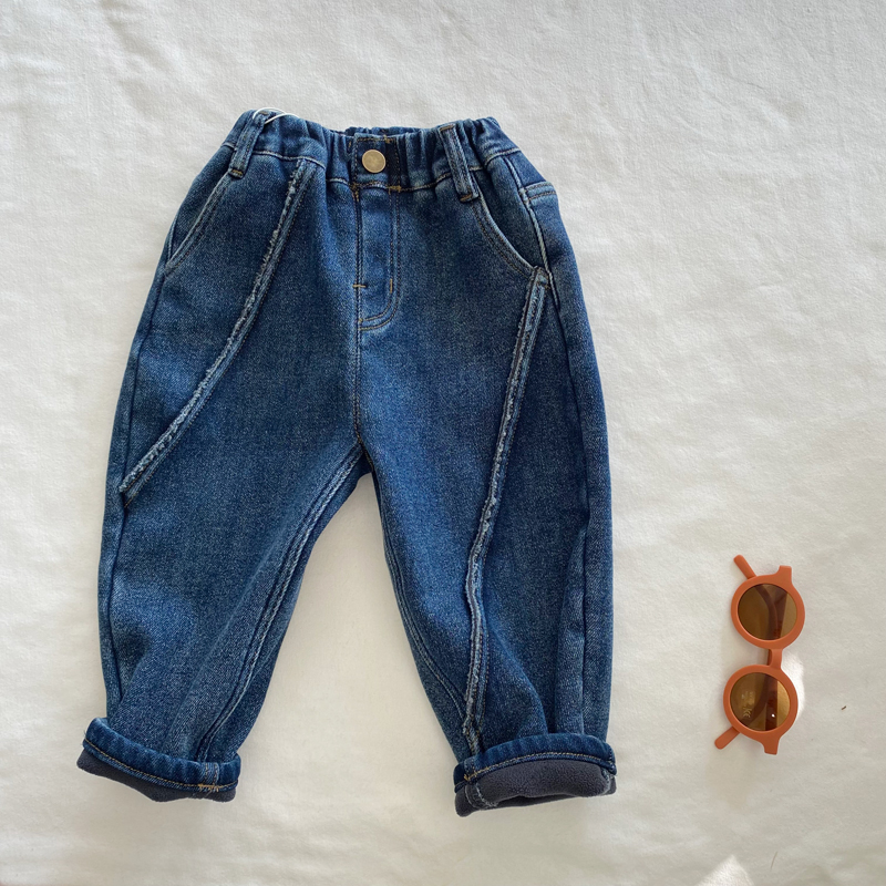 男童韩版拼接牛仔棉裤小中童长裤23秋冬女宝加绒弹力牛仔裤小脚裤