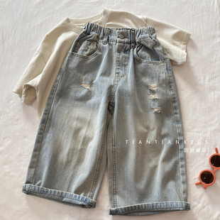 中童110 宽松韩版 160码 中性款 休闲长裤 破洞直筒牛仔裤