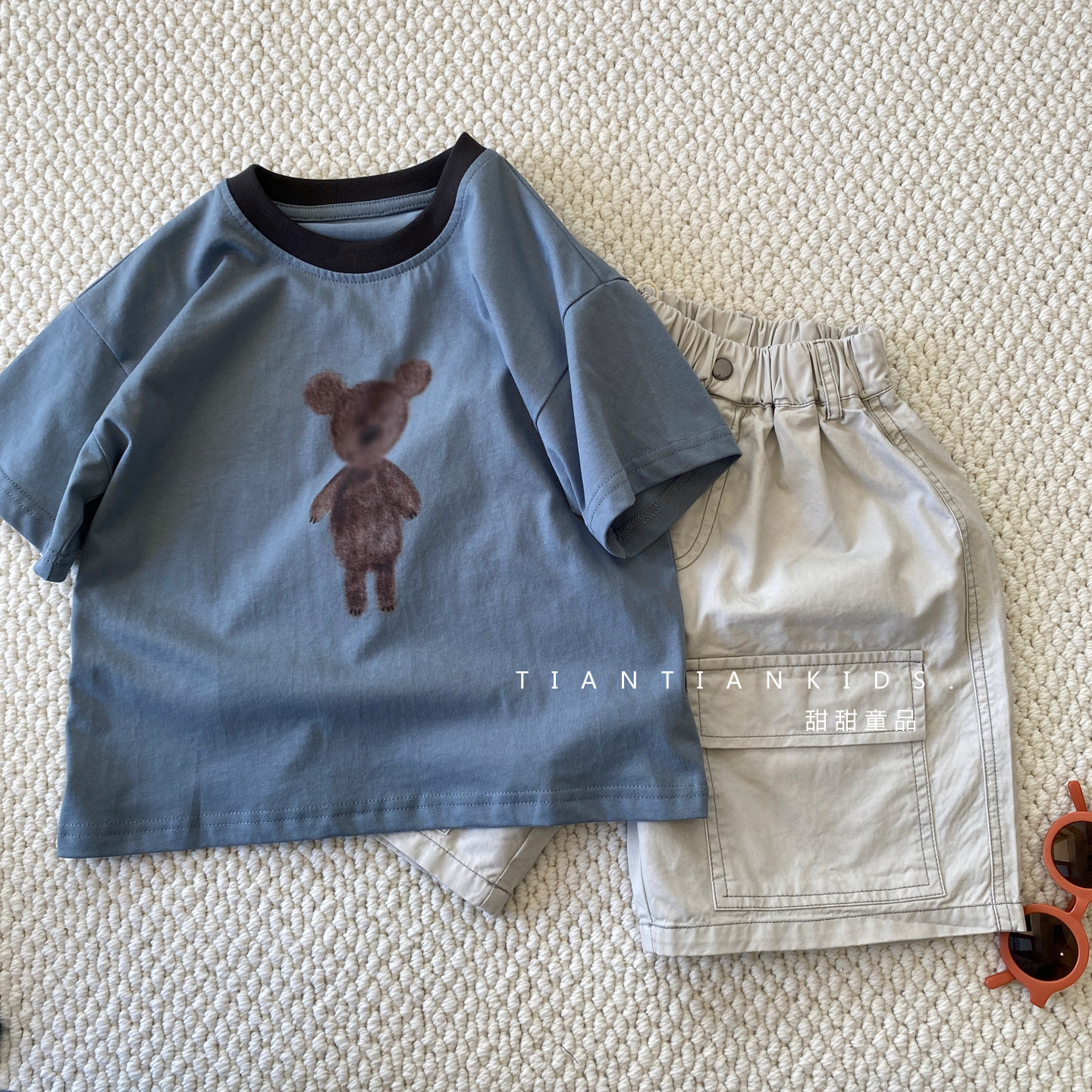 【中童100-150码】韩版小熊拼色短袖男女童夏季薄款圆领印花T恤