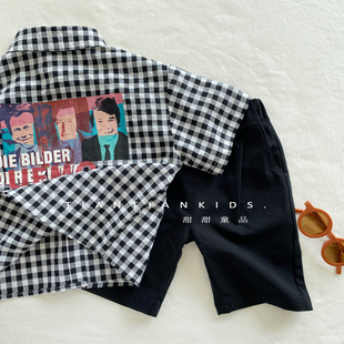 男童休闲黑白格子衬衫短袖儿童2023夏季新款女宝韩版薄款翻领衬衣