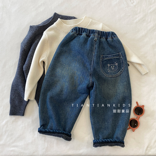 【小童90-130】男童加绒牛仔裤冬款女宝加厚绒蓝色宽松牛仔裤