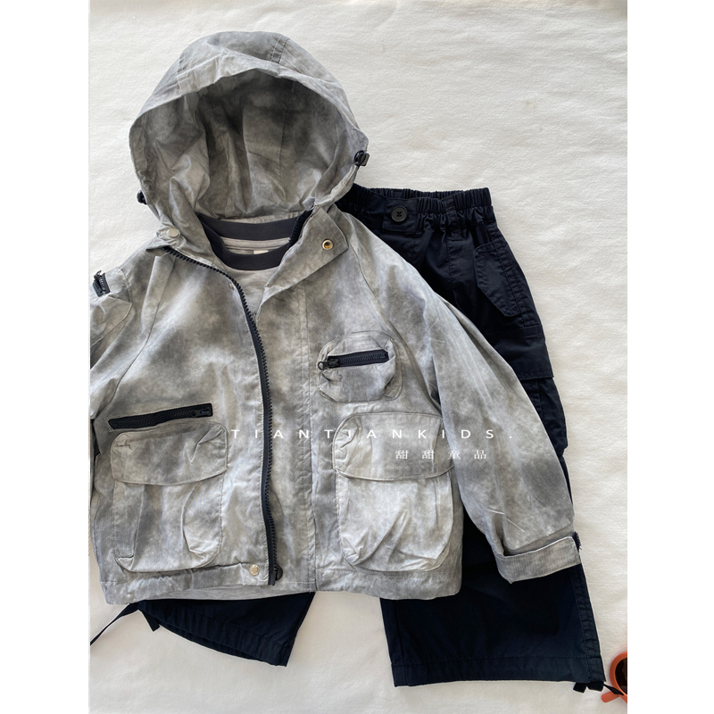 【我是小童】潮酷脏染多口袋外套男童春款女宝韩版连帽插肩袖拉链