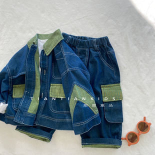 女宝韩版 男童美式 新款 外套儿童2023春季 拼色明线牛仔外套 复古工装