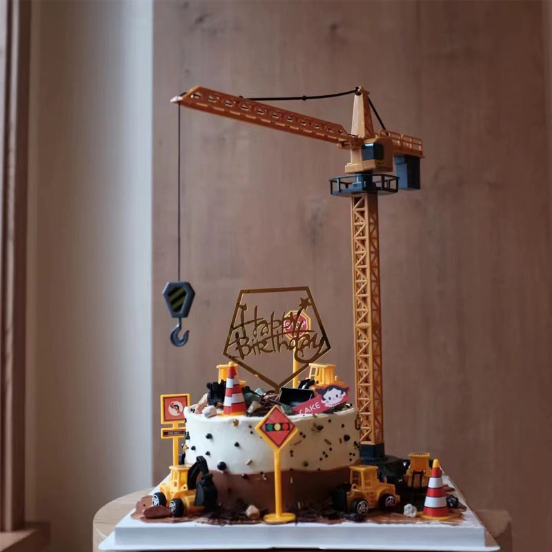 大塔吊工程车摆件男孩蛋糕装饰插件生日推土挖土机交通路标指示牌