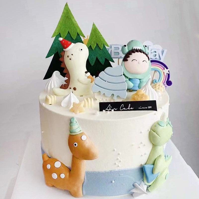 宝宝蛋糕装饰插件生日快乐儿童节狮子熊猫小熊小白兔软陶恐龙摆件