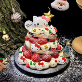 卡通粉色小猫草莓塔蛋糕装 饰摆件网红圣诞节金色丝带星星蜡烛插件