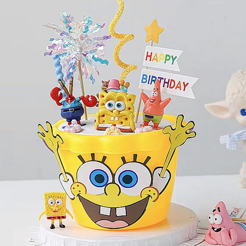 61儿童节卡通动物蛋糕装饰插牌男女孩软陶海绵宝宝派大星节日插件