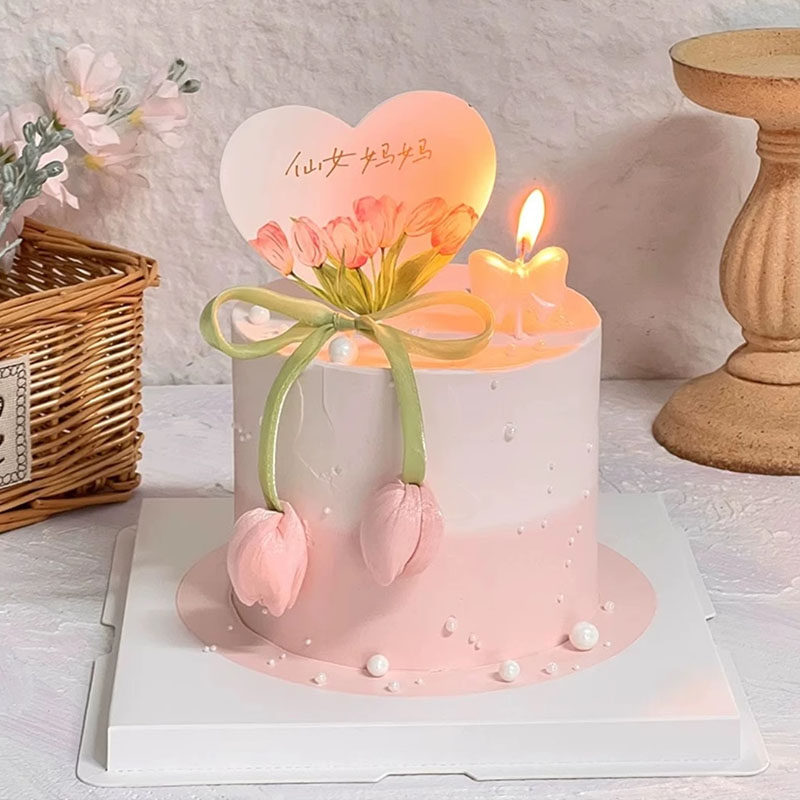 2026唯美母亲节蛋糕装饰爱心卡片郁金香花苞丝带仙女妈妈节日插牌