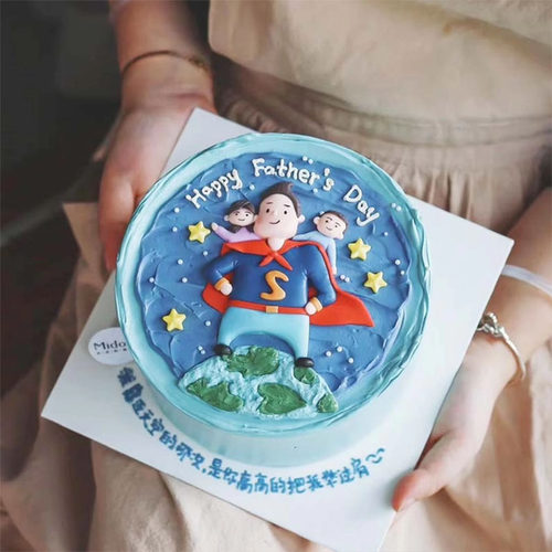 软陶超人爸爸父亲节蛋糕装饰插件披风老爸背小孩生日甜品摆件