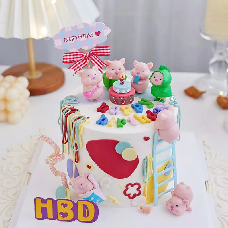 卡通可爱小猪蛋糕装饰摆件森系小兔宝宝生日周岁插件圣诞企鹅配件