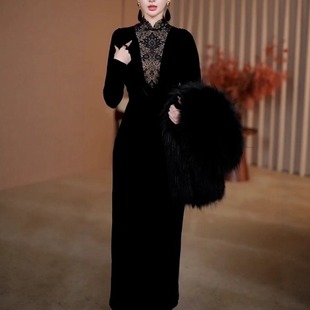 高端轻奢高级感长袖 连衣裙女春秋奢华气质改良旗袍长裙广州十三行