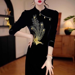 高端时尚 国风复古重工刺绣改良旗袍长裙女气质显瘦收腰绣花连衣裙