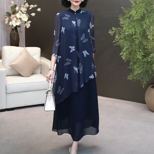夏季高端时尚轻奢高级感新中式国风复古改良旗袍假两件印花连衣裙