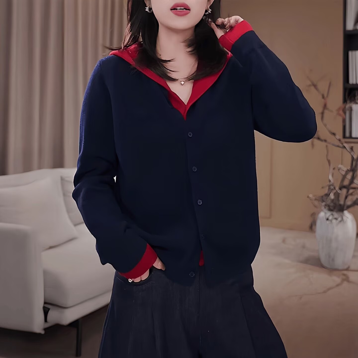 高级感连帽假两件拼接针织上衣女