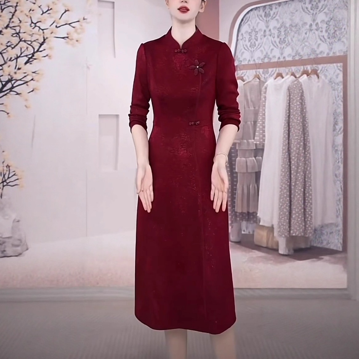 中式国风复古红色改良旗袍连衣裙