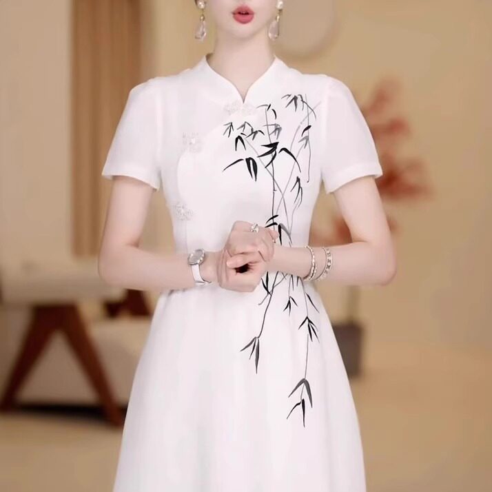 高端时尚国风新中式改良旗袍连衣裙女夏季新款印花收腰显瘦长裙潮