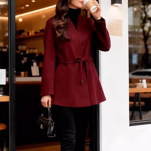 秋冬新款 收腰系带显瘦毛呢大衣外套女 双面呢轻奢简约风双面绒长袖