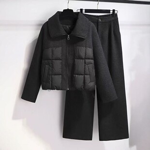 高端时尚轻奢高级感毛呢拼接羽绒棉服开衫外套+阔腿裤两件套装女