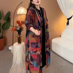 秋冬高端民族风复古加绒加厚连帽长款 印花风衣女棉麻保暖大衣外套