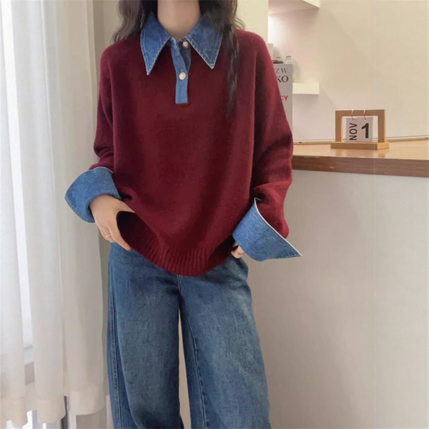 牛仔拼接毛衣假两件针织衬衫上衣