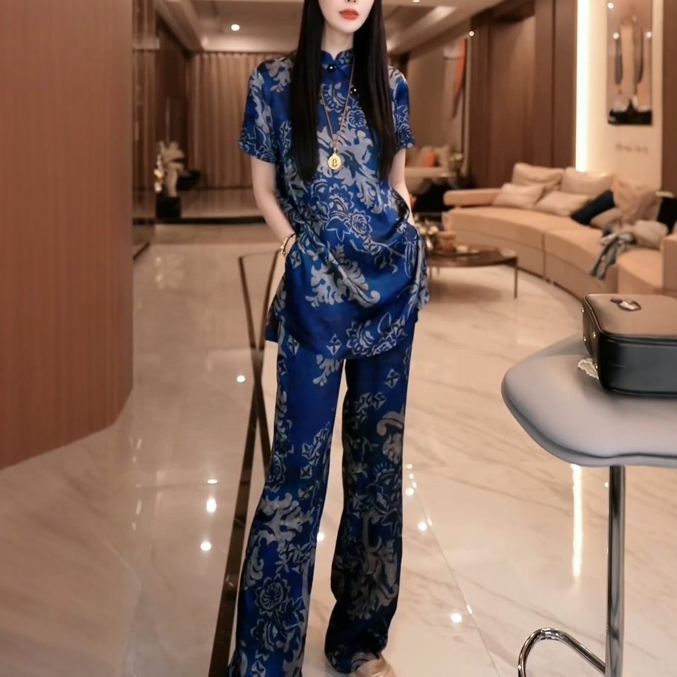 2026春夏新中式国风复古印花改良旗袍上衣+阔腿裤两件套气质套装,女装/女士精品,时尚套装,淘宝优惠券,粉丝福利购,淘宝优惠卷
