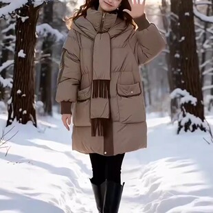 秋冬高端时尚轻奢高级感连帽围巾领加厚保暖防寒羽绒棉服大衣外套
