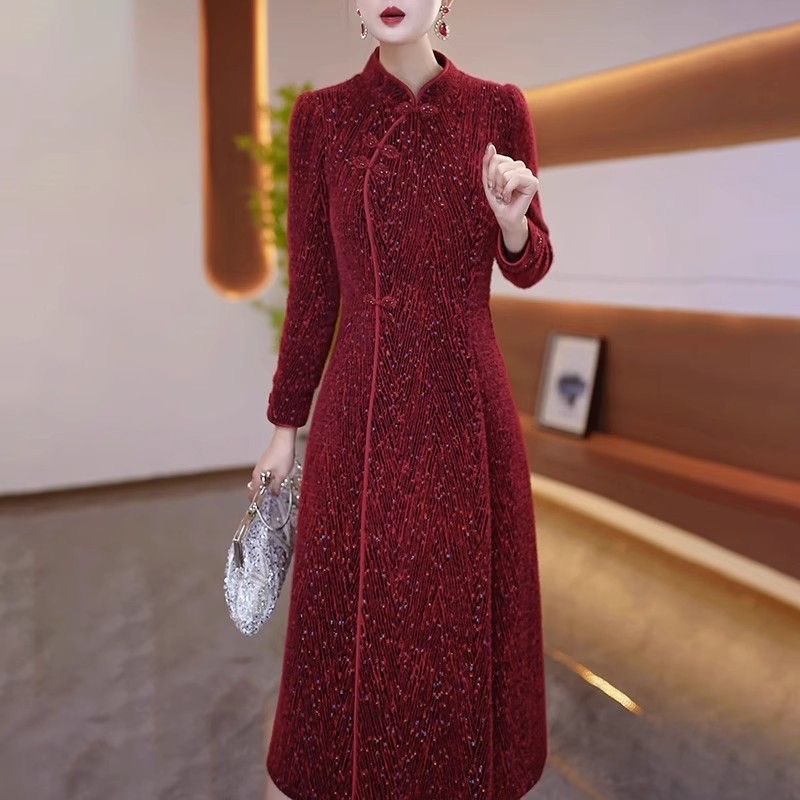 重工提花加厚保暖改良旗袍连衣裙