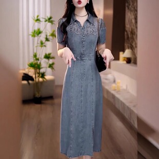 高端时尚重工刺绣拼接牛仔裙女收腰显瘦气质遮肉减龄高级感连衣裙