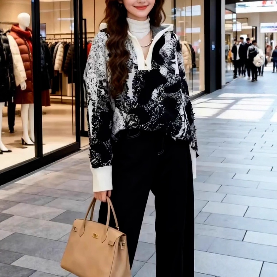 扎染毛衣衫女连帽针织打底衫上衣