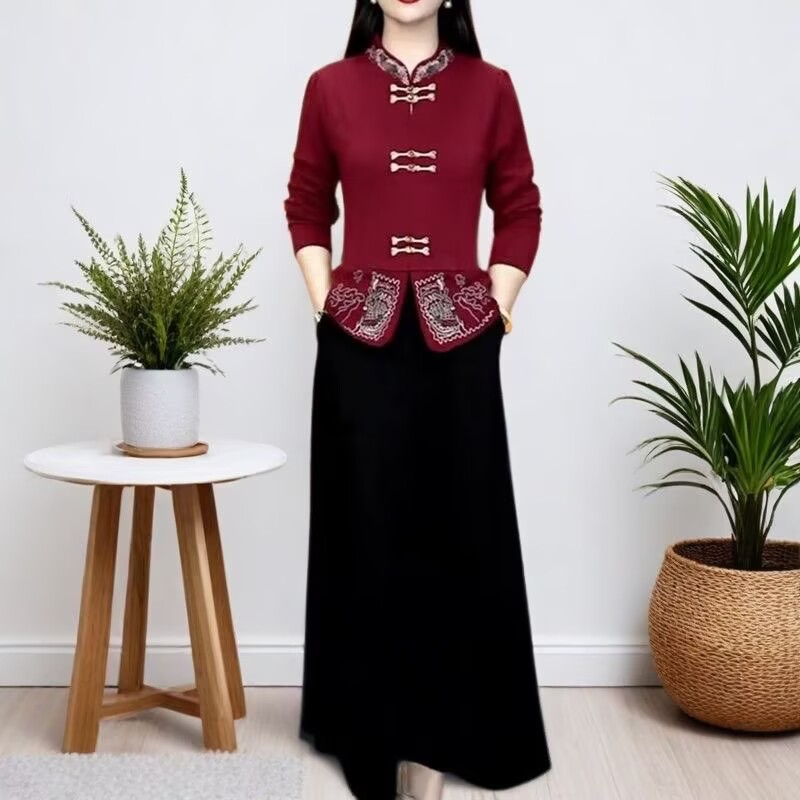 国风刺绣改良旗袍假两件连衣裙女