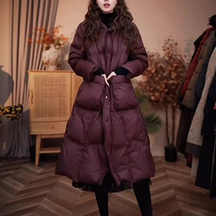 冬季高端时尚轻奢高级感加厚保暖白鸭绒连帽羽绒服过膝大衣外套女