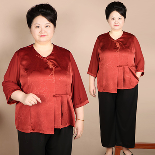 喜婆婆夏季大码礼服胖妈妈中老年女装夏装红色喜庆婚宴上衣T恤衫