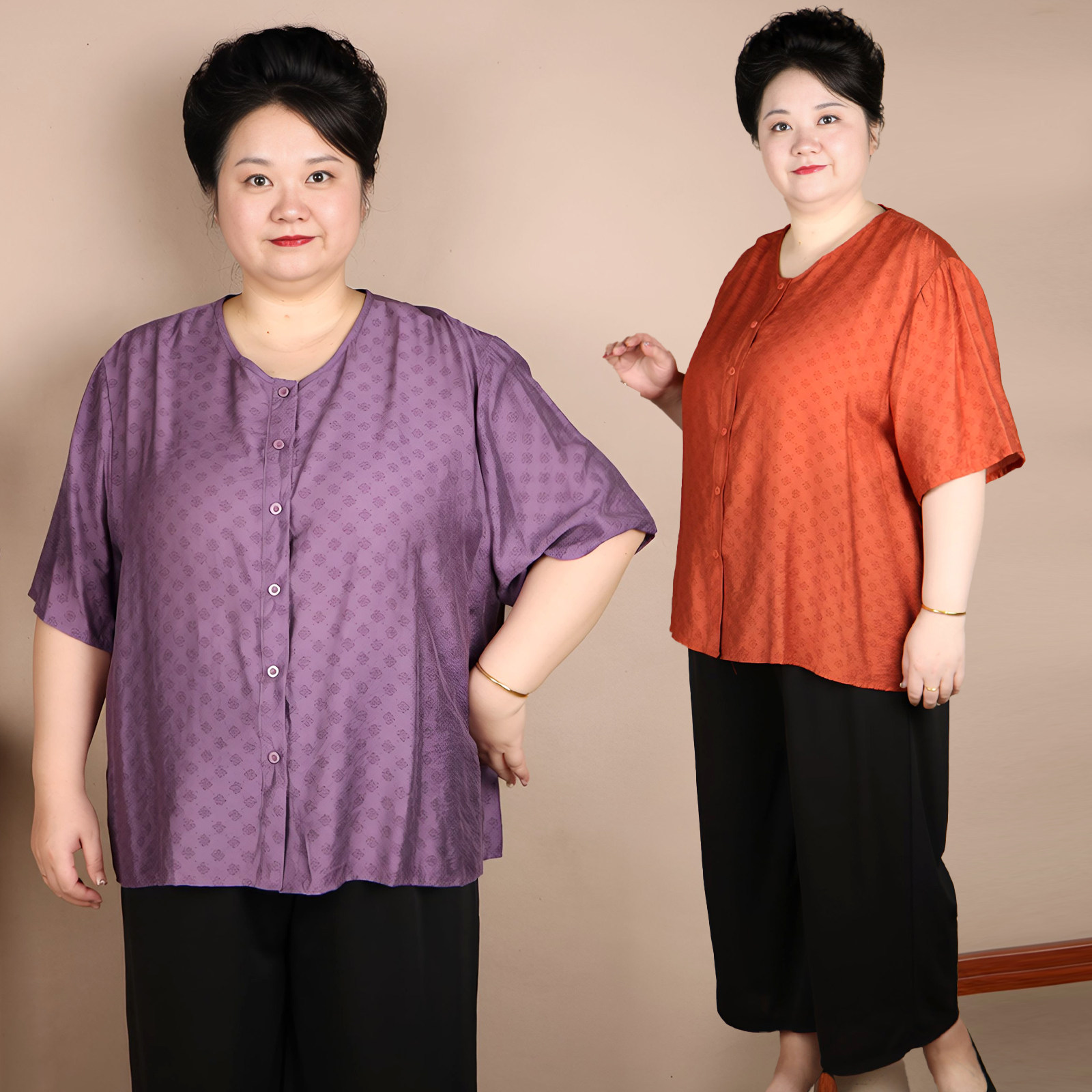 中老年大码女装胖妈妈套装加肥加大夏装短袖衬衫奶奶纯棉质上衣服