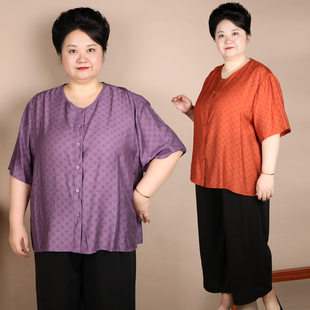 中老年大码女装胖妈妈套装加肥加大夏装短袖衬衫奶奶纯棉质上衣服