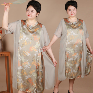 胖太太中老年服饰高贵连衣裙妈妈加肥加大200斤夏季短袖改良旗袍