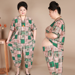 子胖妈妈套装 5060岁中老年人加肥大码 奶奶衣服 裤 弹力T恤 夏季 短袖