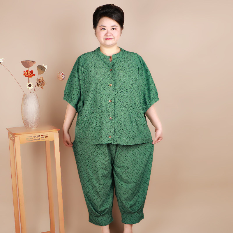 胖妈妈夏装雪纺短袖小衫中老年加肥加大女装奶奶老人时尚上衣套装