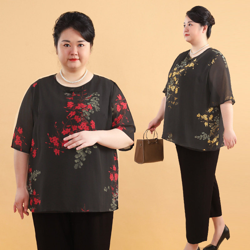 胖妈妈加肥加大码夏装胖太太宽松上衣短袖雪纺衫中老年人T恤200斤