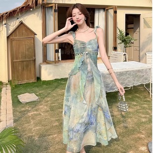 泰式 美式 沙滩裙连衣裙海边裙绝美抹胸女印花度假三亚旅游吊带波西