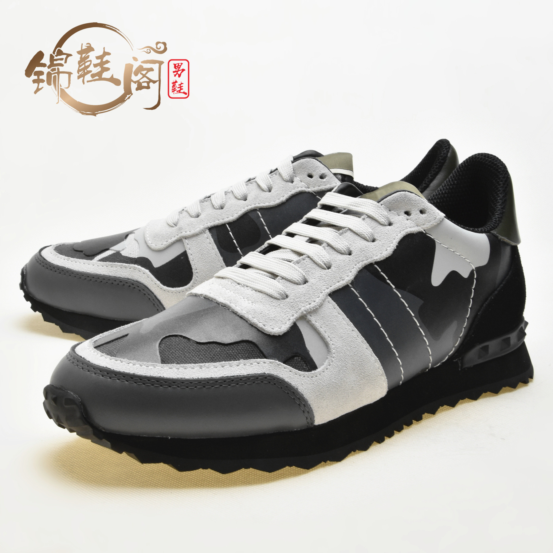 潮男运动鞋牛皮时尚铆钉鞋欧美潮牌休闲鞋五角星厚底跑步鞋桢树记