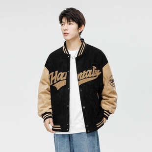 美式潮牌秋冬季字母刺绣外套麂皮绒棒球服加厚加绒飞行休闲夹克男