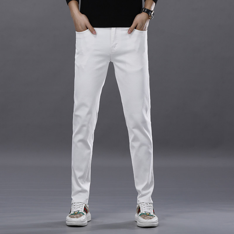 高端欧货白色口袋印花牛仔裤男轻奢风修身小直筒秋冬季休闲长裤子